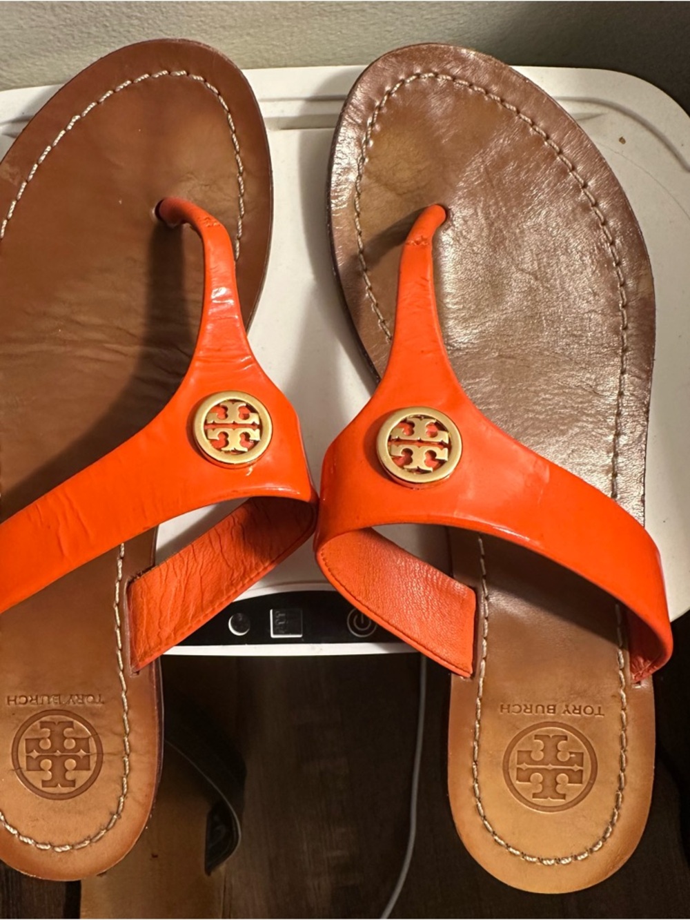 Tory Burch Bright Orange Logo Thong Sandals